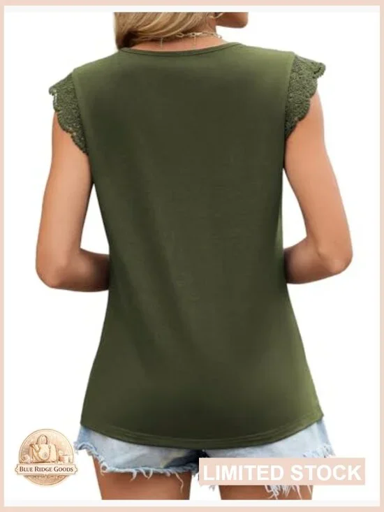 Sleeveless Lace Trim Flutter Ruffle Cap Sleeve Blouse Elegant Chic Summer Casual - Picture 6 of 7